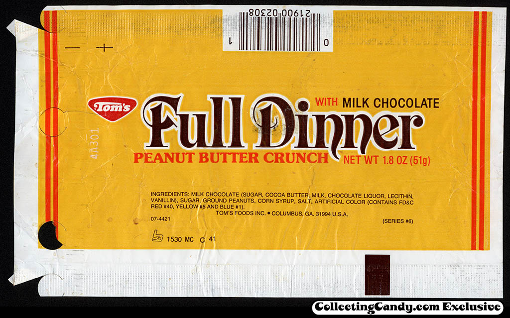 Tom's Foods - Tom's Full Dinner - chocolate candy bar wrapper - 1980's