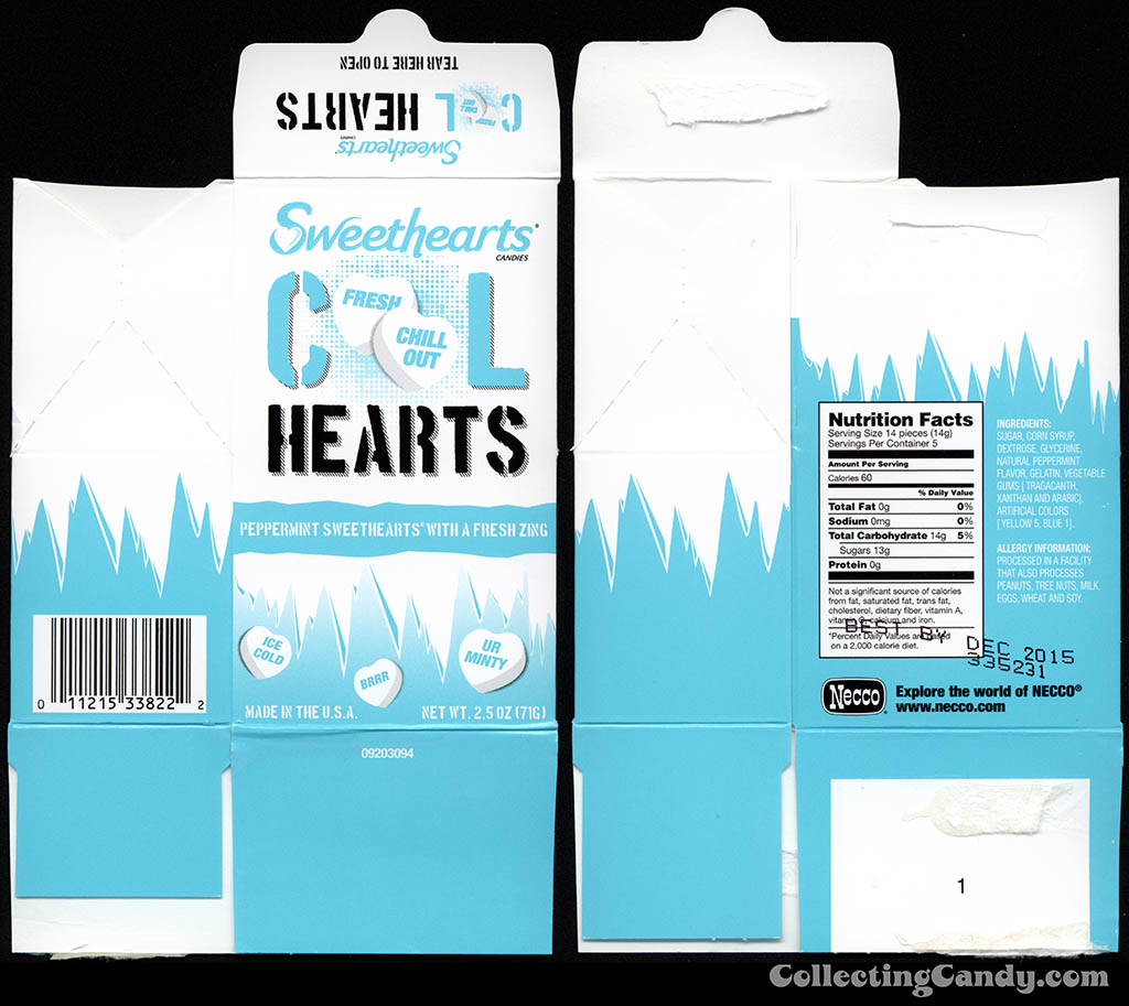 Necco - Sweethearts Cool Hearts - 2.5 oz Valentine's candy box - February 2014
