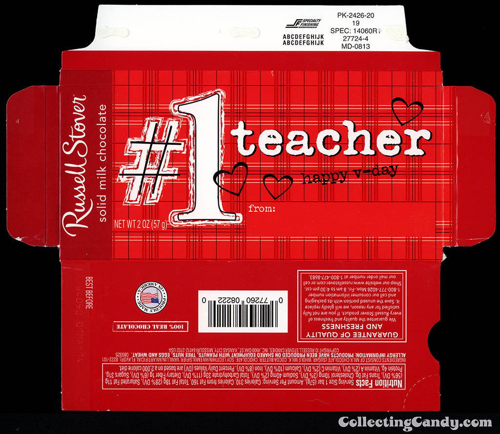 Russell Stover - Number 1 Teacher - Valentine's - 2 oz chocolate bar box - 2014