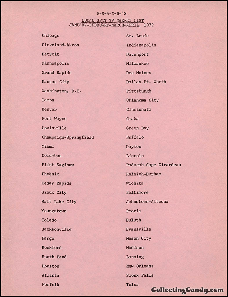 Brach's - sales sheet - local TV spot Easter advertising market list - 1972