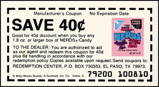 Doc Hinkle's Nerds Shrinkles Egg Wrappers - cut-out 40-cents off Nerds candy coupon - 1986