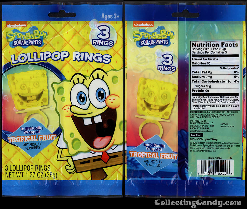 Frankford Candy - Nickelodeon - Spongebob Squarepants Lollipop Rings - tropical fruit - 1.27 oz 3-pack candy package - March 2014