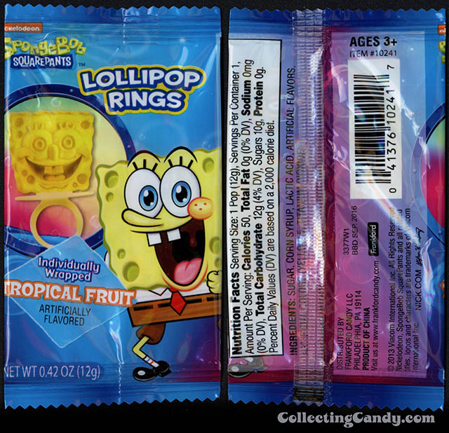 Frankford Candy - Nickelodeon - Spongebob Squarepants Lollipop Rings - tropical fruit - .42 oz candy package - March 2014