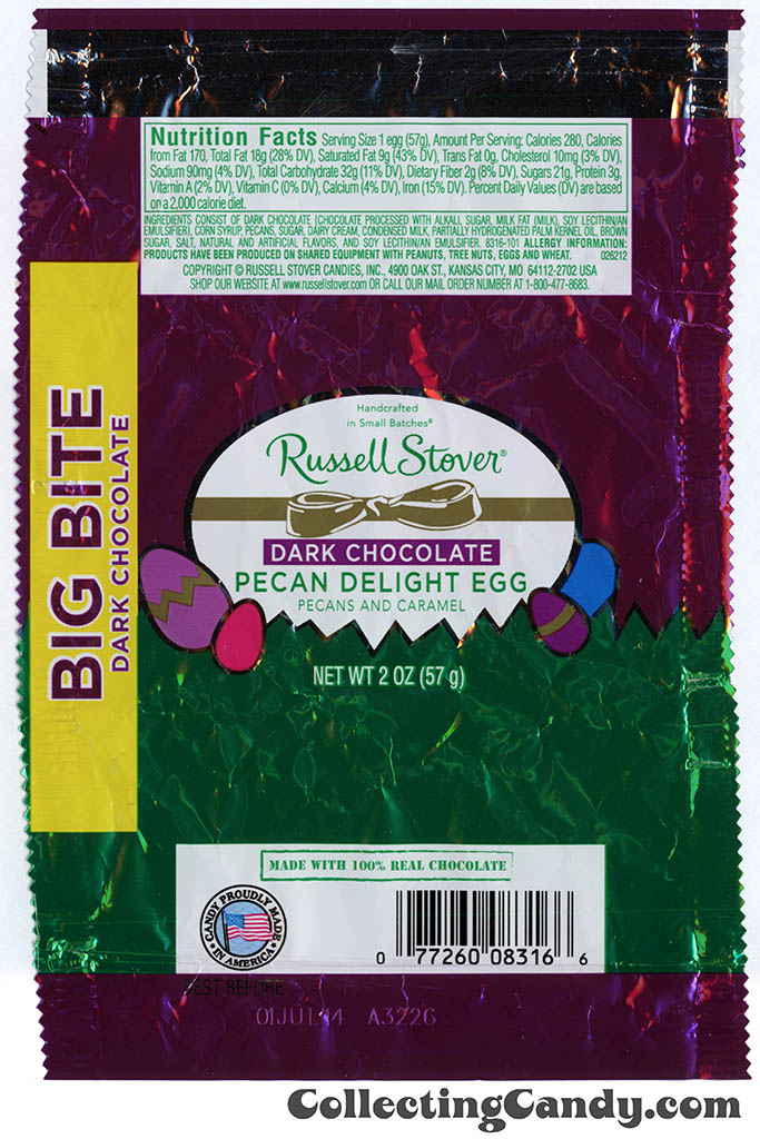 Russell Stover - Egg Big Bite - Dark Chocolate Pecan Delight Egg - 2 oz Easter candy wrapper - March 2014