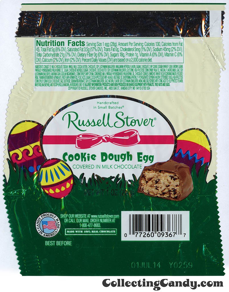 Russell Stover - Egg - Cookie Dough Egg covered in milk chocolate - 1oz Easter candy wrapper - March 2014