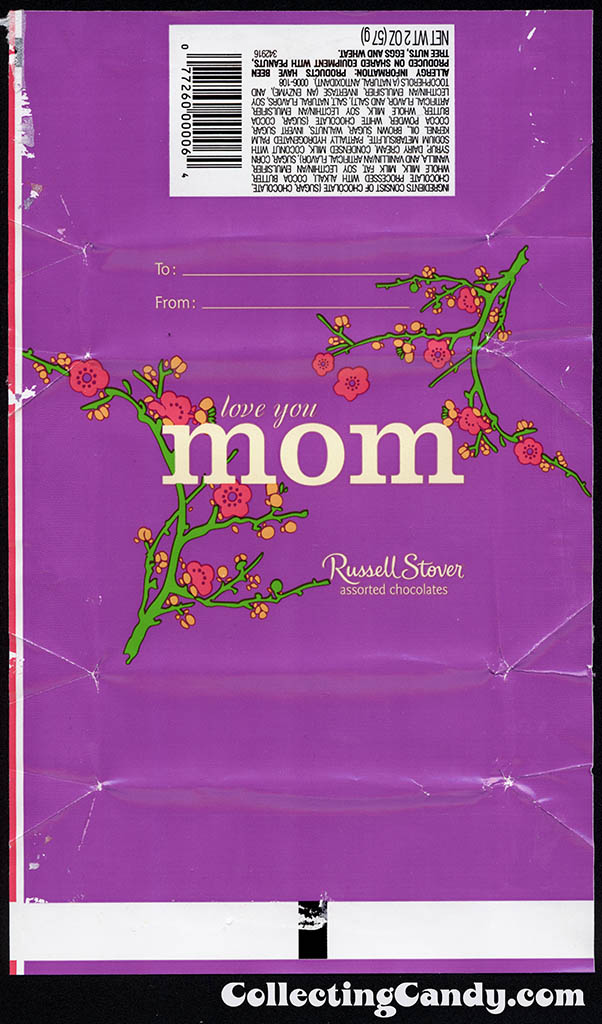 Russell Stover - Assorted Chocolates Mother's Day 2 oz box wrap - purple - candy box wrapper - May 2013