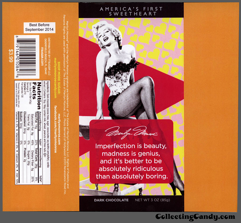It'Sugar - Marilyn Monroe - America's First Sweetheart - imperfection is beauty - 3oz dark chocolate candy bar wrapper - February 2014
