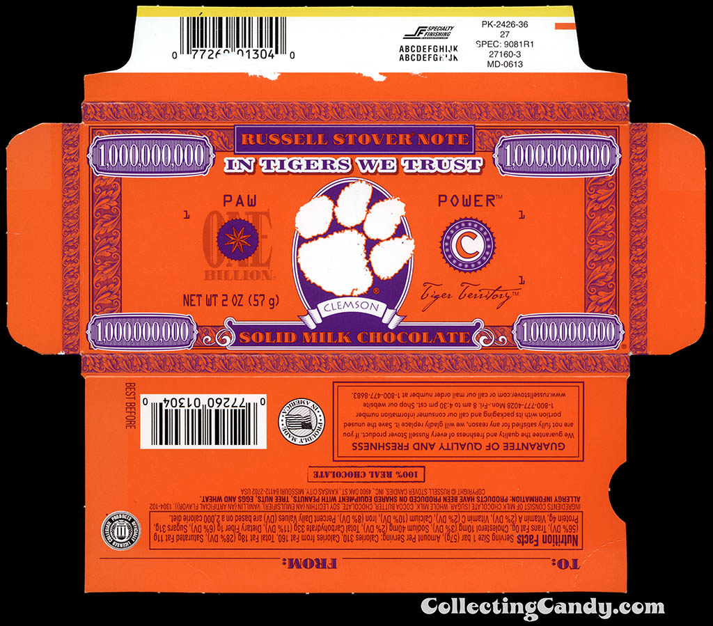 Russell Stover - Collegiate 2oz Chocolate Bar Note box - Clemson Tigers - 2013