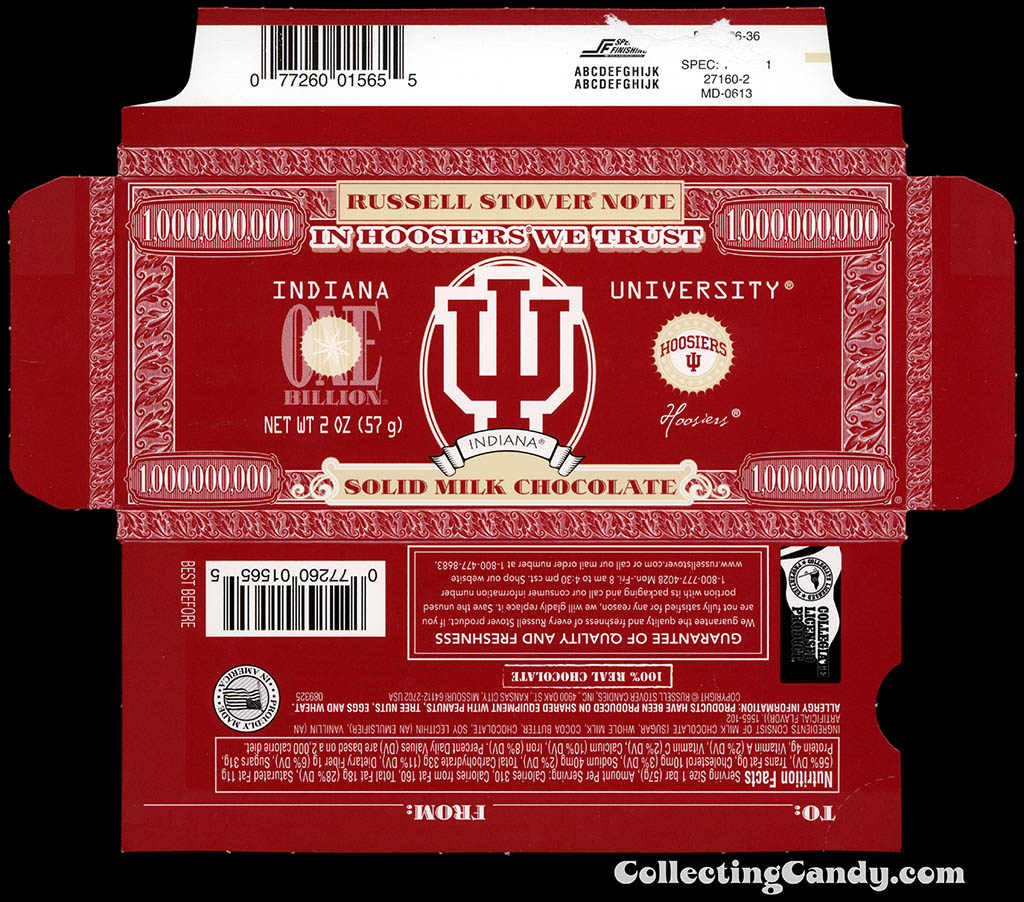 Russell Stover - Collegiate 2oz Chocolate Bar Note box - Indiana Hoosiers - 2013