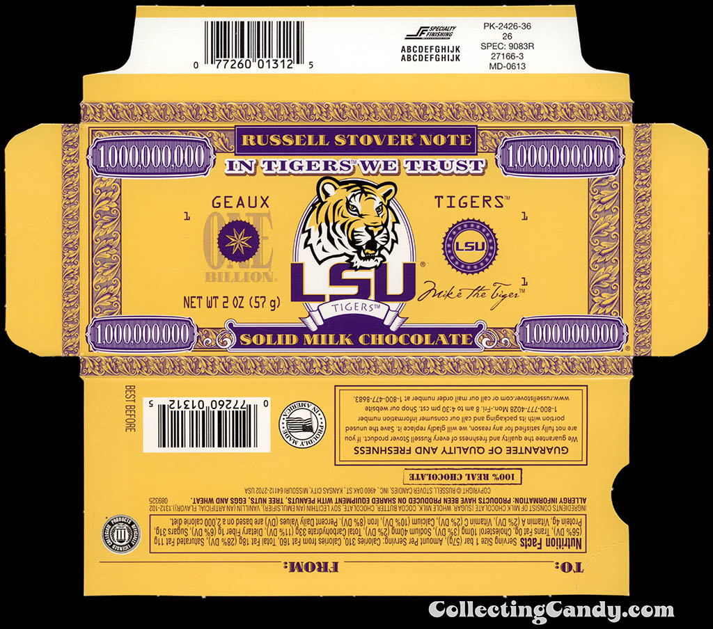 Russell Stover - Collegiate 2oz Chocolate Bar Note box - Lousiana State LSU Tigers - 2013