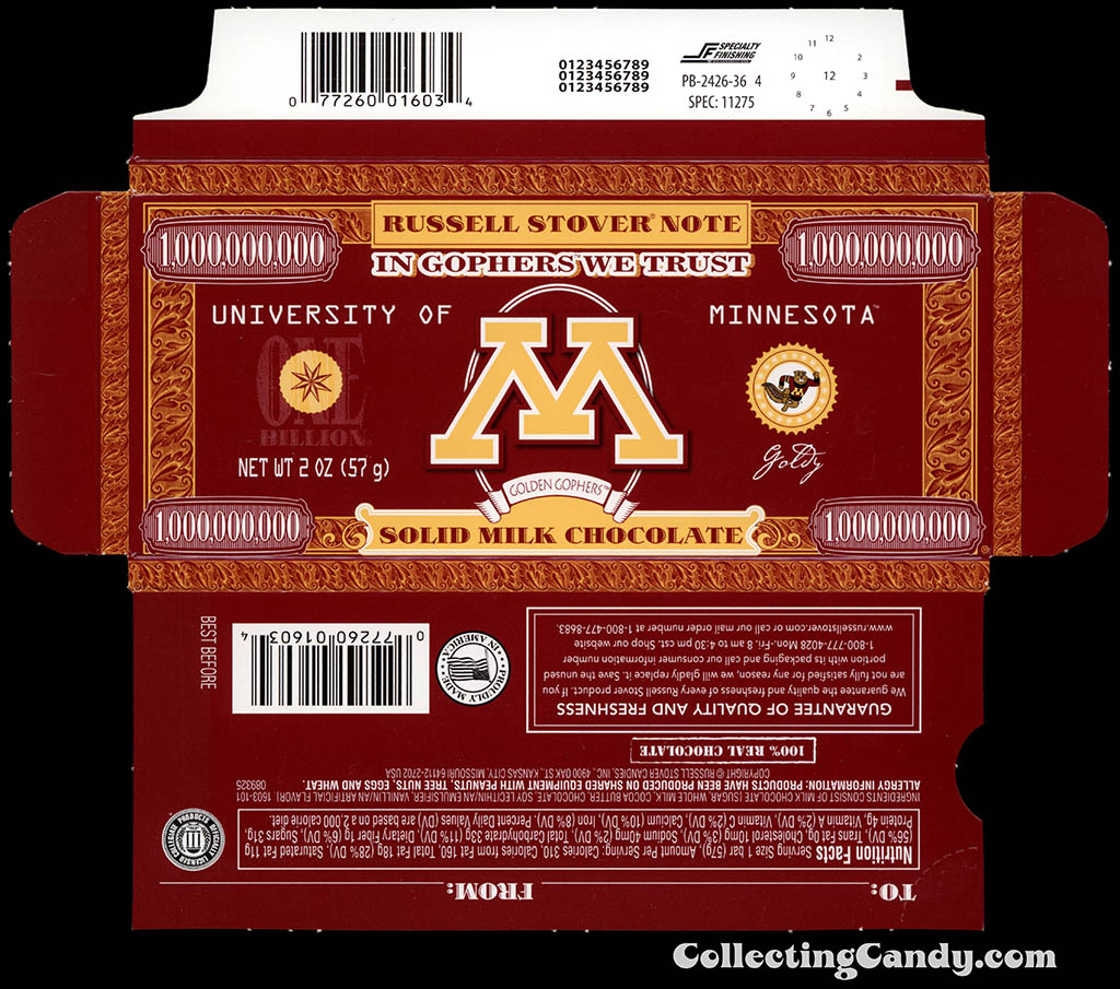 Russell Stover - Collegiate 2oz Chocolate Bar Note box - Minnesota Golden Gophers - 2013