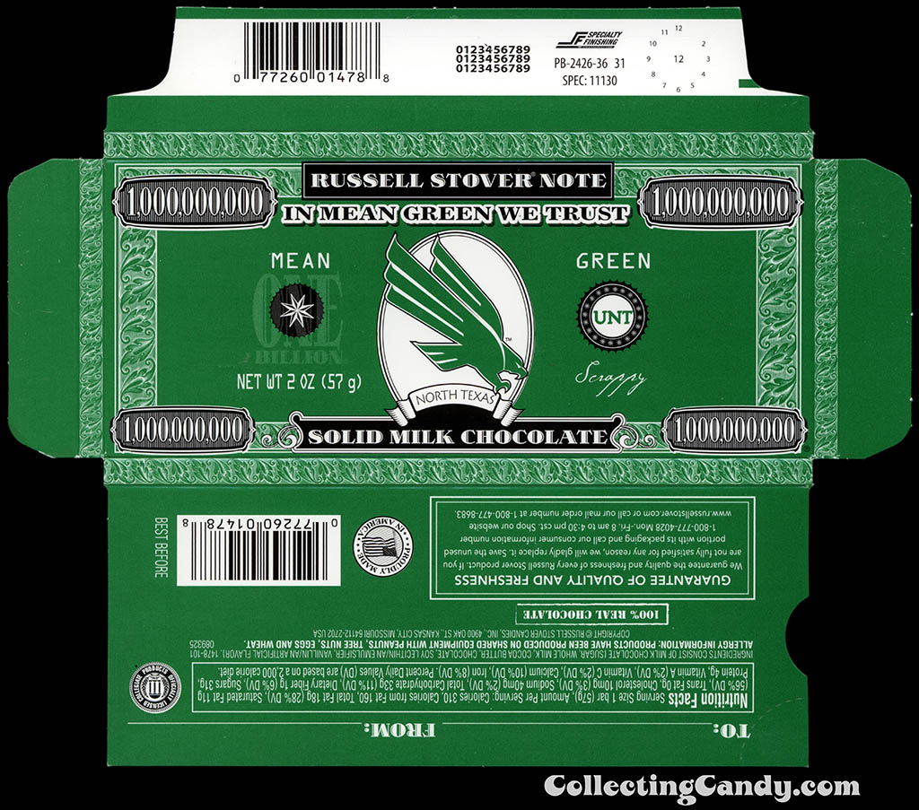 Russell Stover - Collegiate 2oz Chocolate Bar Note box - North Texas Mean Green - 2013