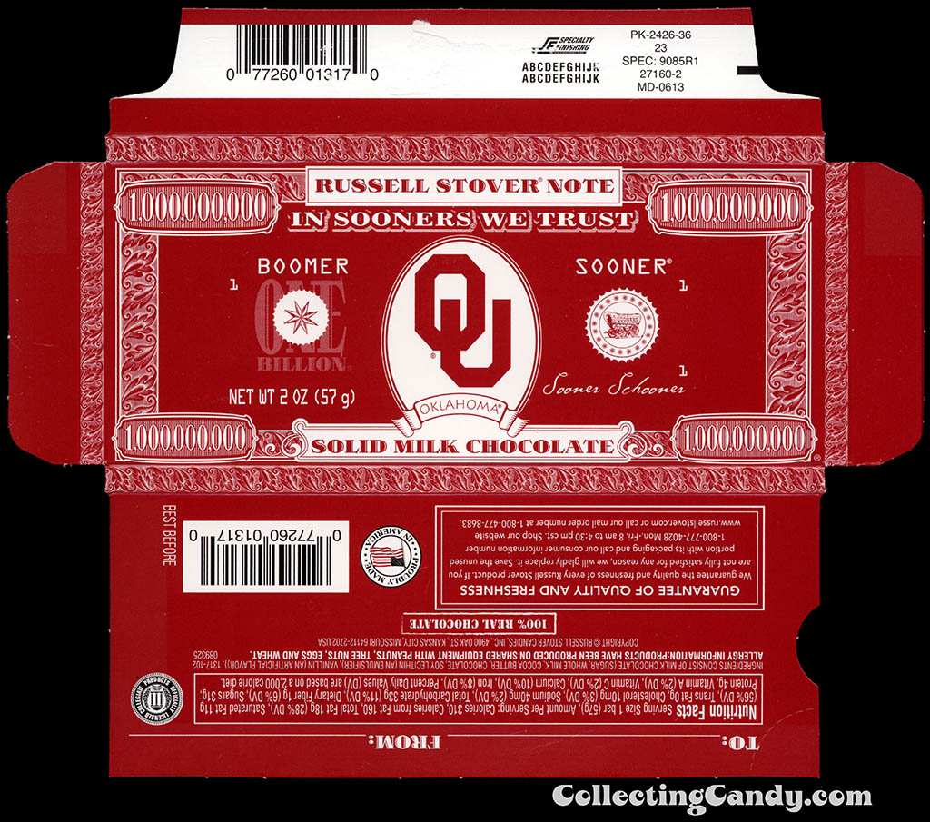 Russell Stover - Collegiate 2oz Chocolate Bar Note box - Oklahoma Sooners - 2013
