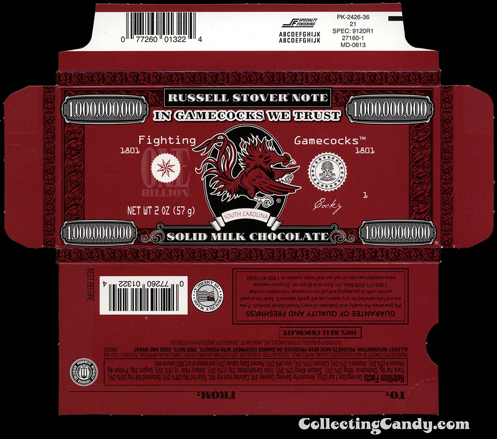 Russell Stover - Collegiate 2oz Chocolate Bar Note box - South Carolina Gamecocks - 2013