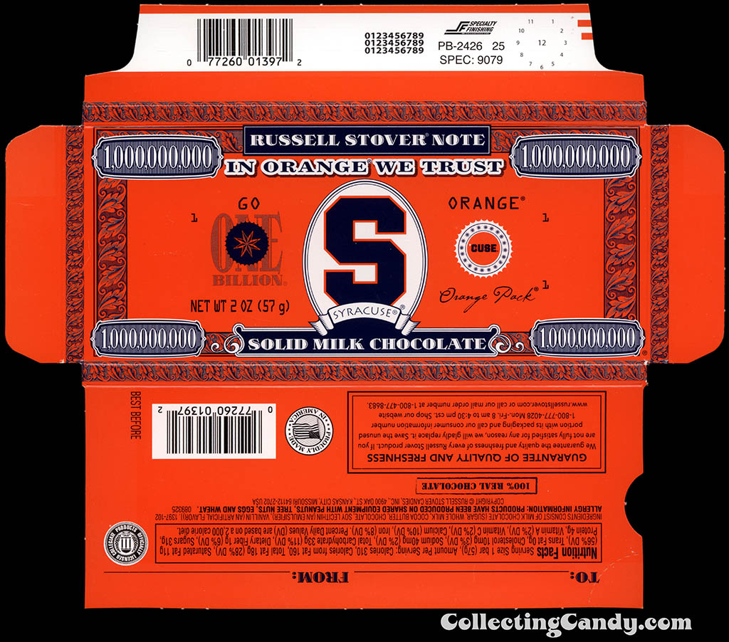Russell Stover - Collegiate 2oz Chocolate Bar Note box - Syracuse Orange - 2013