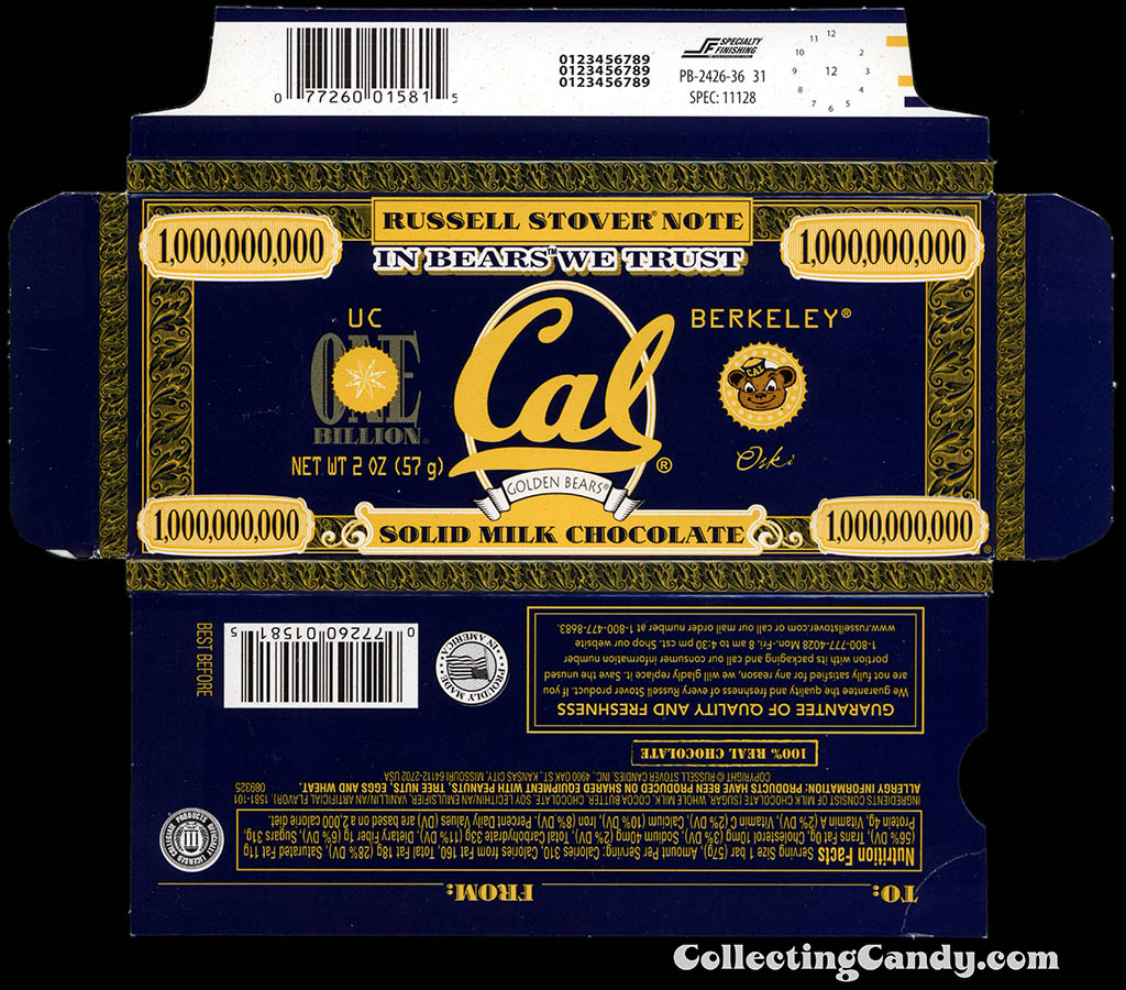 Russell Stover - Collegiate 2oz Chocolate Bar Note box - University of California Berkley Golden Bears - Cal - 2013