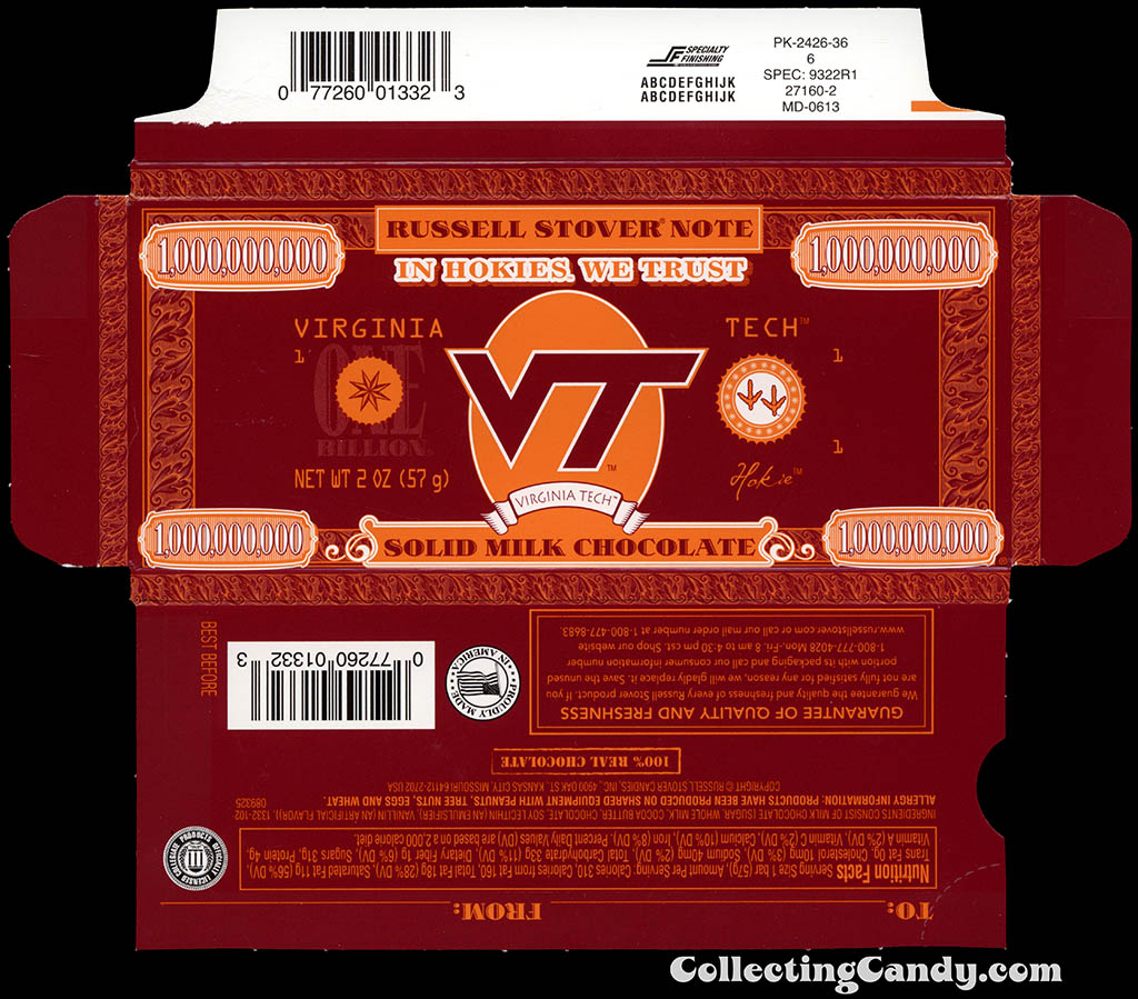 Russell Stover - Collegiate 2oz Chocolate Bar Note box - Virginia Tech Hokies - 2013