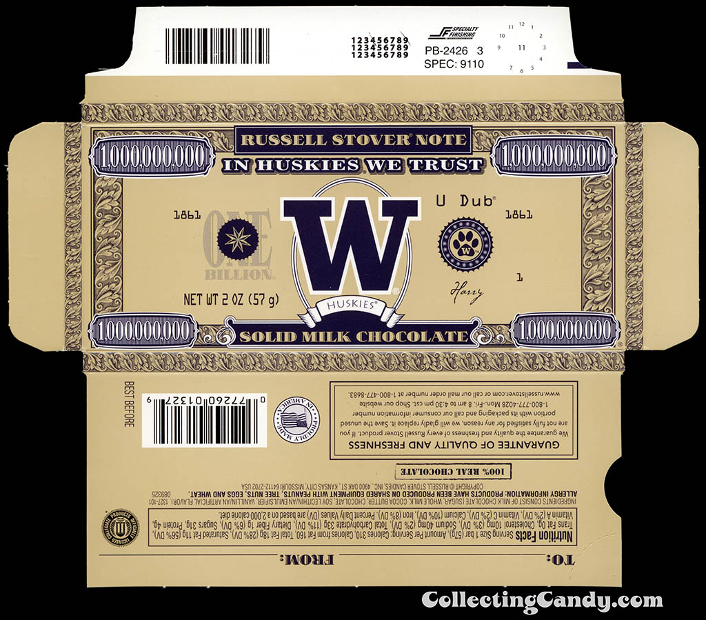 Russell Stover - Collegiate 2oz Chocolate Bar Note box - Washington Huskies - 2013
