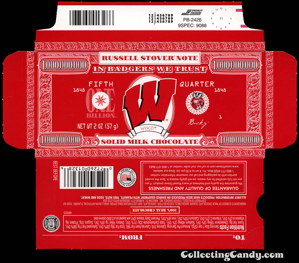 Russell Stover - Collegiate 2oz Chocolate Bar Note box - Wisconsin Badgers - 2013