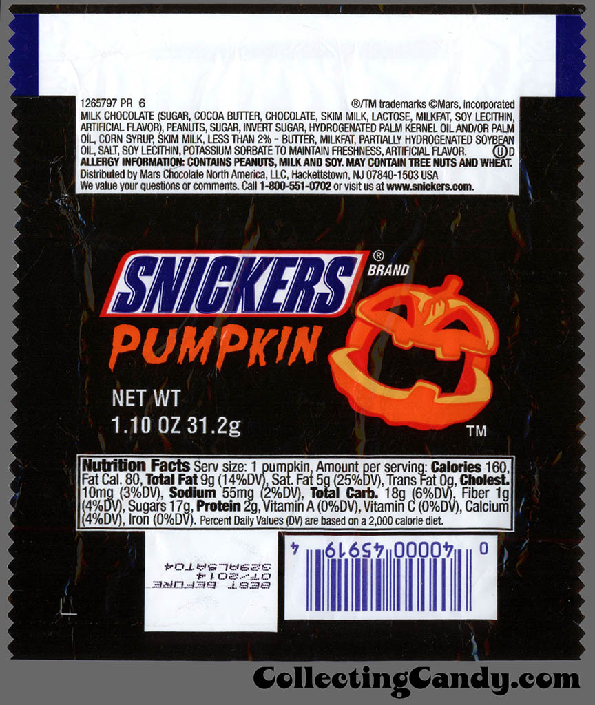 Mars - Snickers Pumpkin - 1_10 oz Halloween chocolate candy wrapper - October 2013