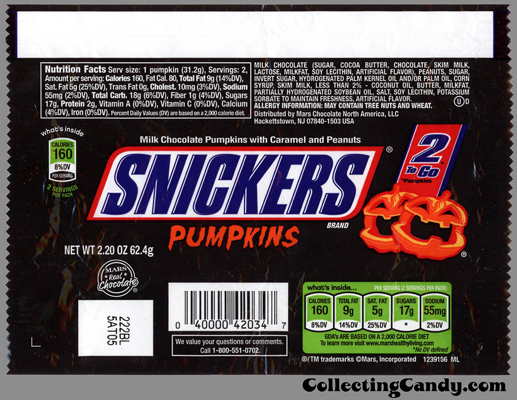 Mars - Snickers Pumpkins - 2-to-Go - Halloween candy bar wrapper - October 2012