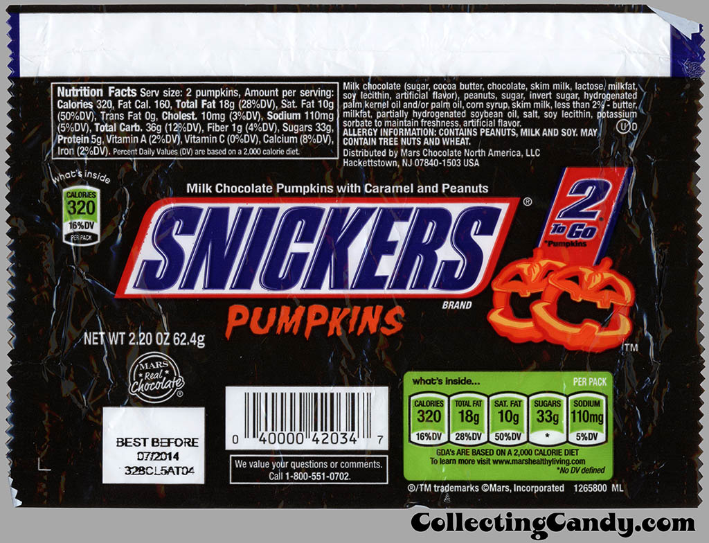 Mars - Snickers Pumpkins - 2-to-Go - Halloween candy bar wrapper - TM 320 calories - October 2013