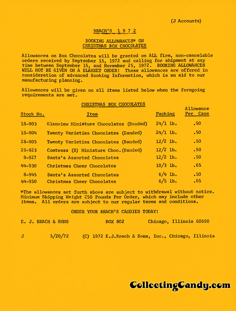 Brachs - Fall 1972 - Booking Allowances Christmas Box Chocolates -J Accounts