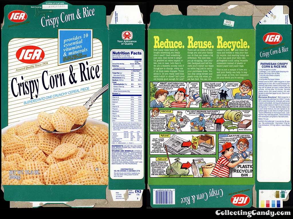 IGA - Crispy Corn & Rice - Reduce Reuse Recycle - store brand cereal box - 1996