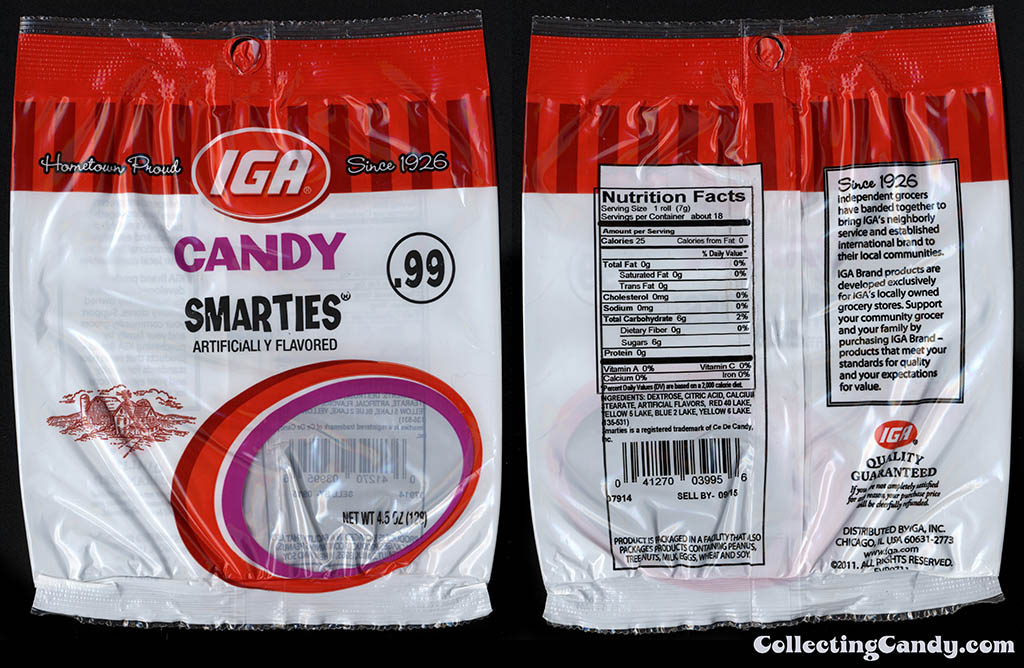 IGA - Smarties - 99-cent grocery private label brand candy package - Summer 2014