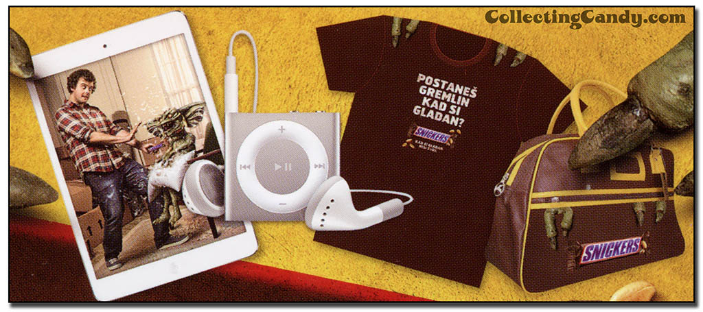 Snickers Gremlins promotional shelf talker - close-up of goodies - Summer 2014