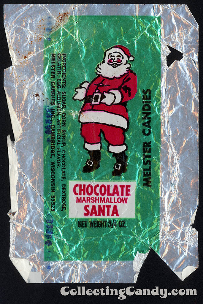 Melster Candies - Chocolate Marshmallow Santa - 3_4 oz foil Christmas candy wrapper - 1970's