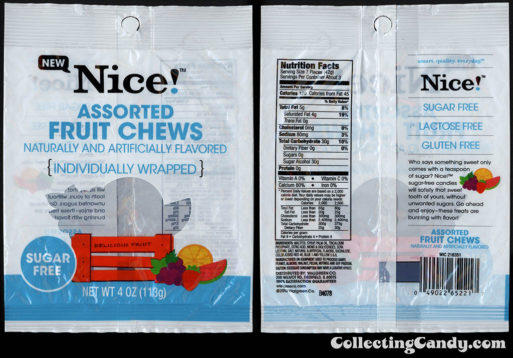 Walgreens - Nice! - Assorted Fruit Chews Sugar Free - New - 4 oz private label store-brand candy package - 2013