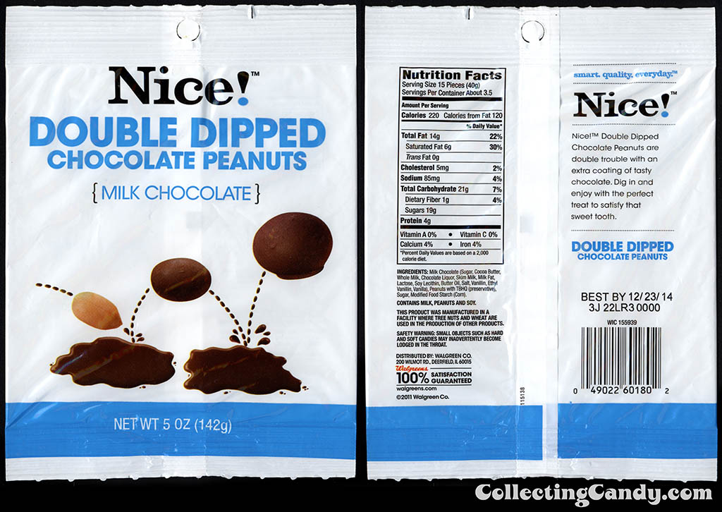 Walgreens - Nice! - Double Dipped Chocolate Peanuts milk chocolate - 5 oz private label store-brand candy package - 2013