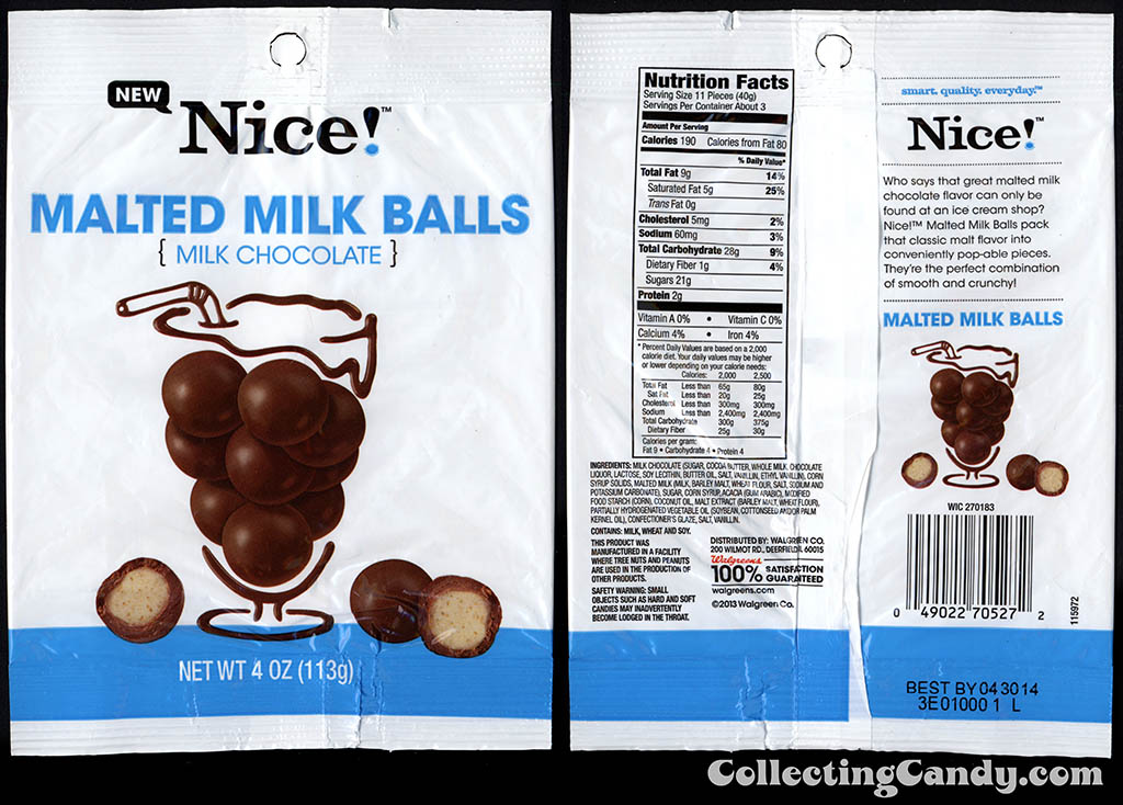 Walgreens - Nice! - Malted Milk Balls milk chocolate - New - 4 oz private label store-brand candy package - 2013