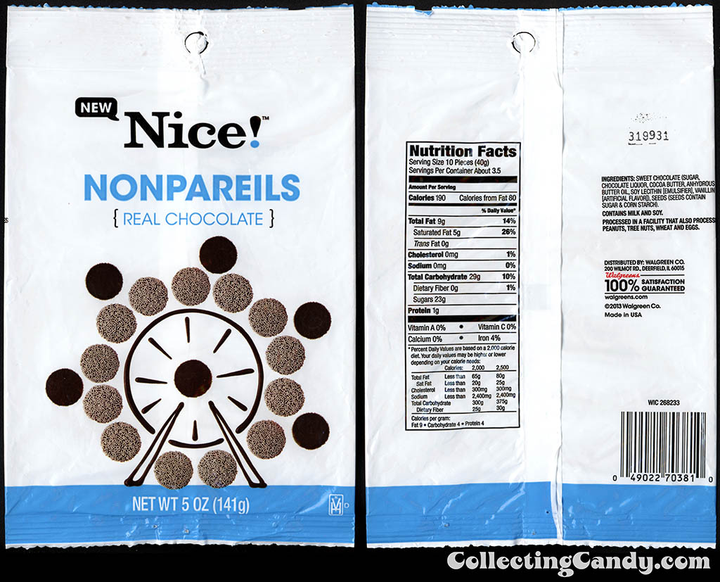 Walgreens - Nice! - Nonpareils real chocolate - New - 5 oz private label store-brand candy package - 2013