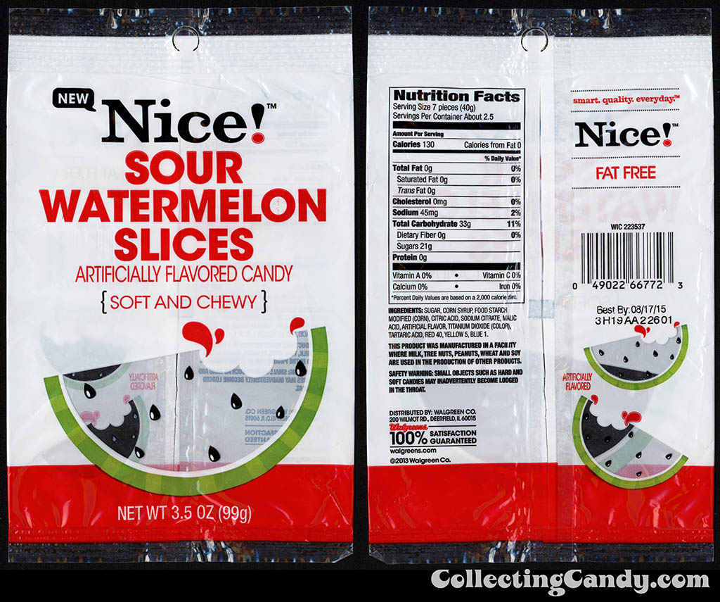 Walgreens - Nice! - Sour Watermelon Slices - New - 3.5 oz private label store-brand candy package - 2013