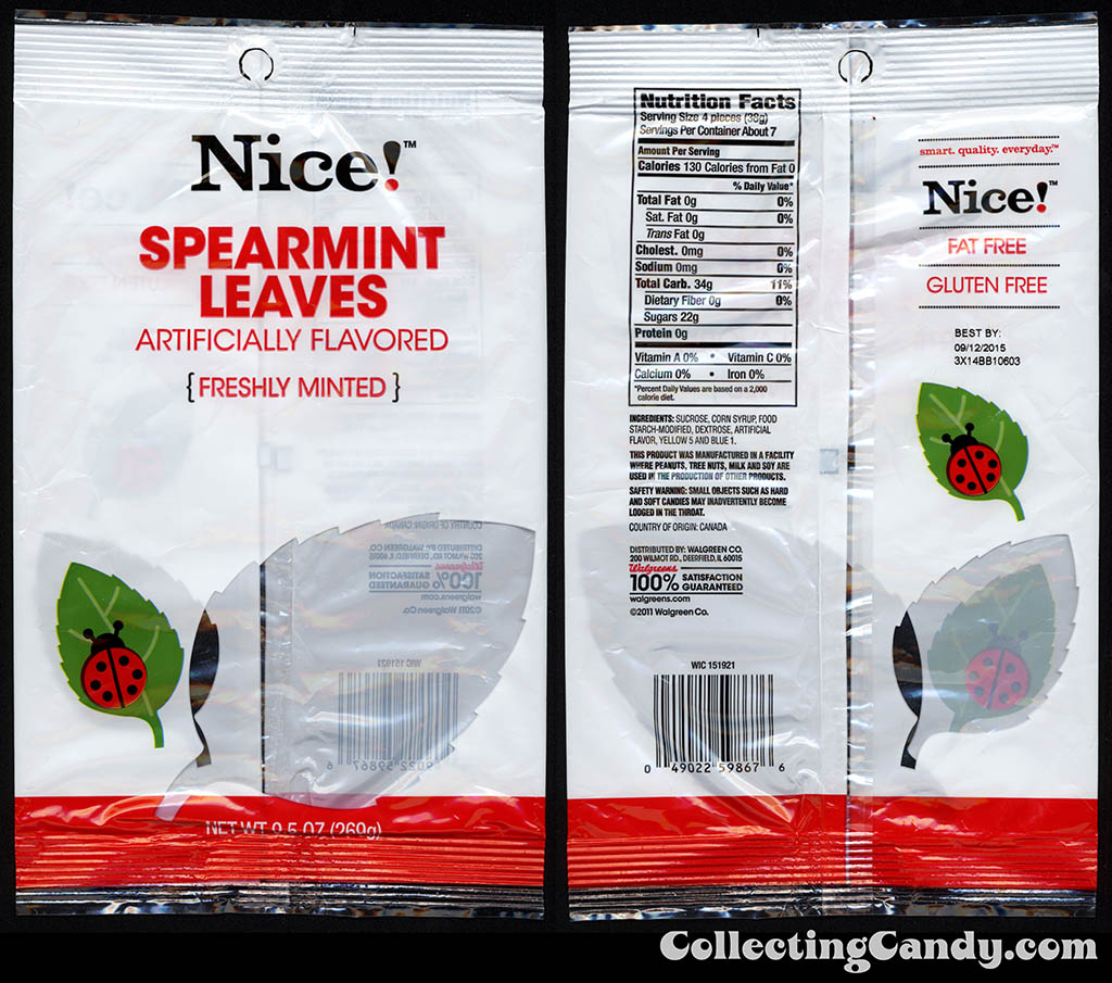 Walgreens - Nice! - Spearmint Leaves - 9.5 oz private label store-brand candy package - 2013