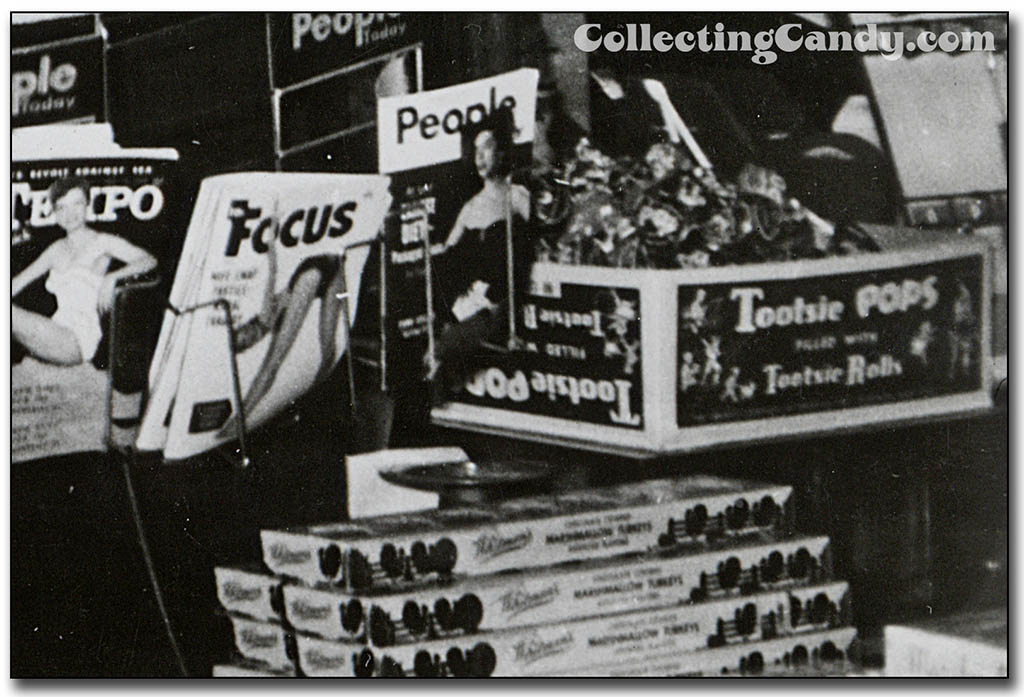 Walgreens counter with candy - Wrigley Salesman Reference Photo - Tootsie Pops close-up - Late 1950's