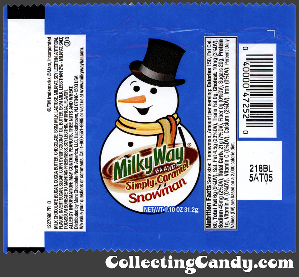 Mars - Milky Way Simply Caramel - Snowman - 1.10 oz Christmas candy wrapper - December 2012