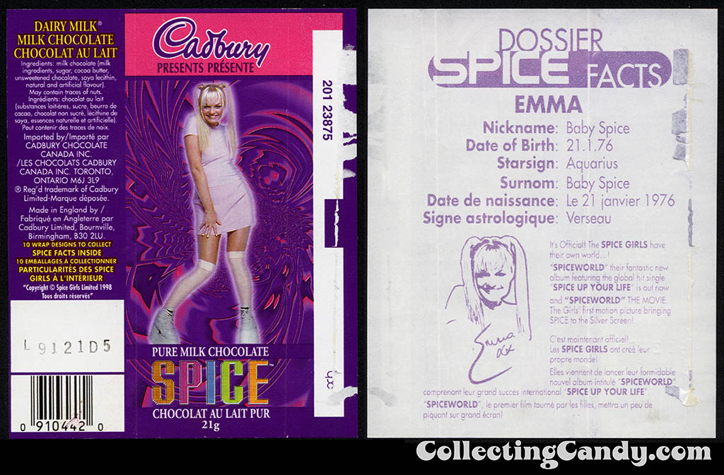 Canada - Cadbury - Spice Girls - Emma - Baby Spice - A - 21g chocolate bar candy wrapper - 1997