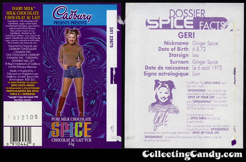 Canada - Cadbury - Spice Girls - Geri - Ginger Spice - A - 21g chocolate bar candy wrapper - 1997