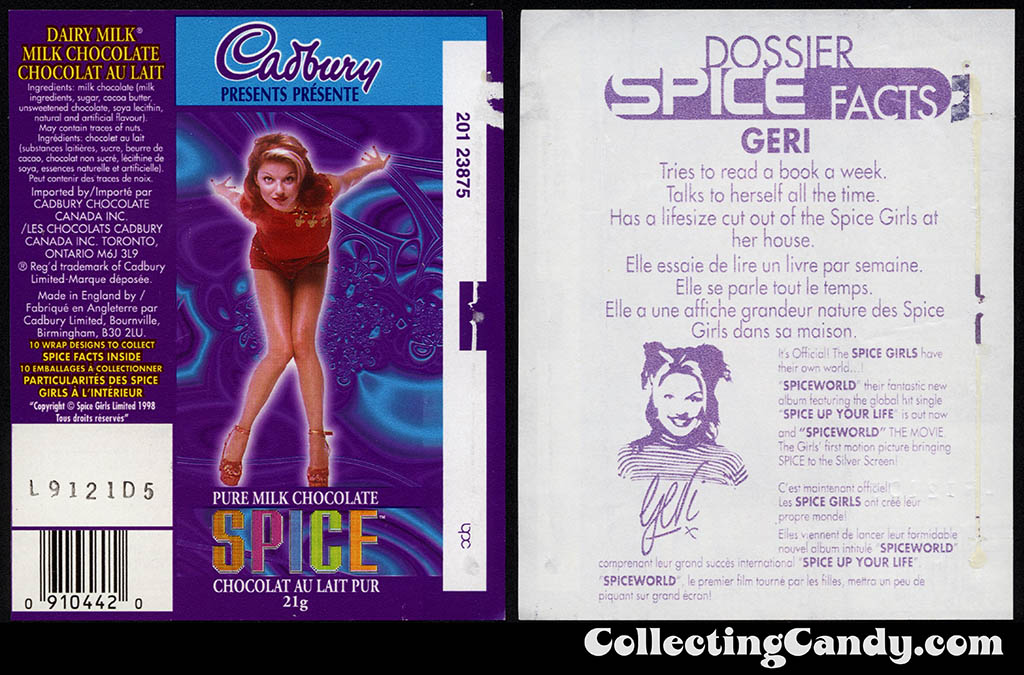 Canada - Cadbury - Spice Girls - Geri - Ginger Spice - B - 21g chocolate bar candy wrapper - 1997