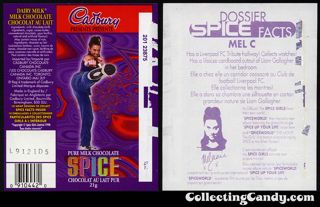 Canada - Cadbury - Spice Girls - Mel C -  Sporty Spice - B - 21g chocolate bar candy wrapper - 1997