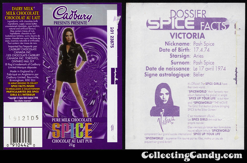 Canada - Cadbury - Spice Girls - Victoria - Posh Spice - A - 21g chocolate bar candy wrapper - 1997