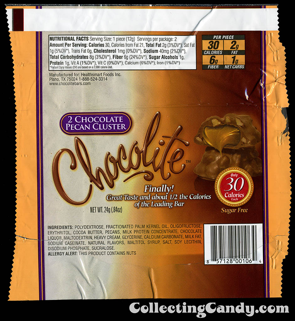 Healthsmart Foods Inc - Chocolite - 2 Chocolate Pecan Clusters - _84oz sugar free candy bar wrapper - 2011