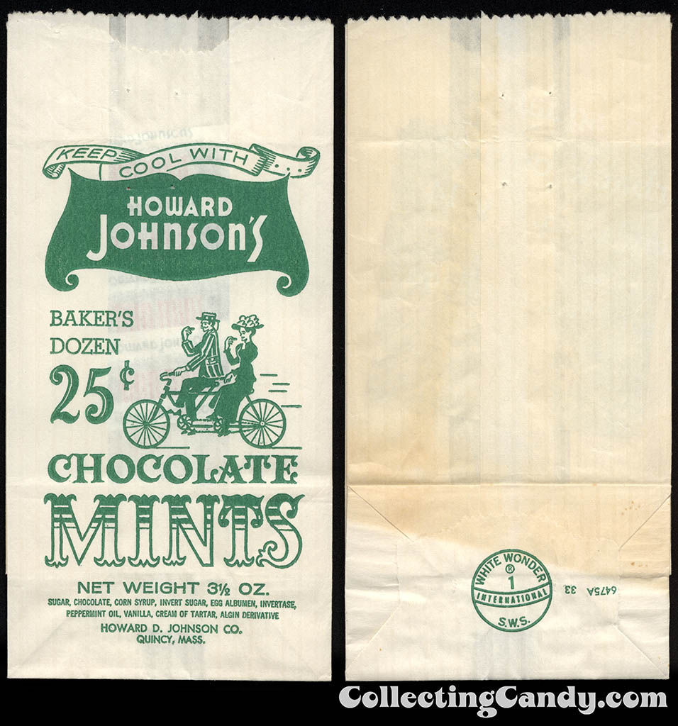 Howard Johnson's - Chocolate Mints - 3 1/2 oz 25-cent Baker's Dozen paper bag package - 1960's 1970's