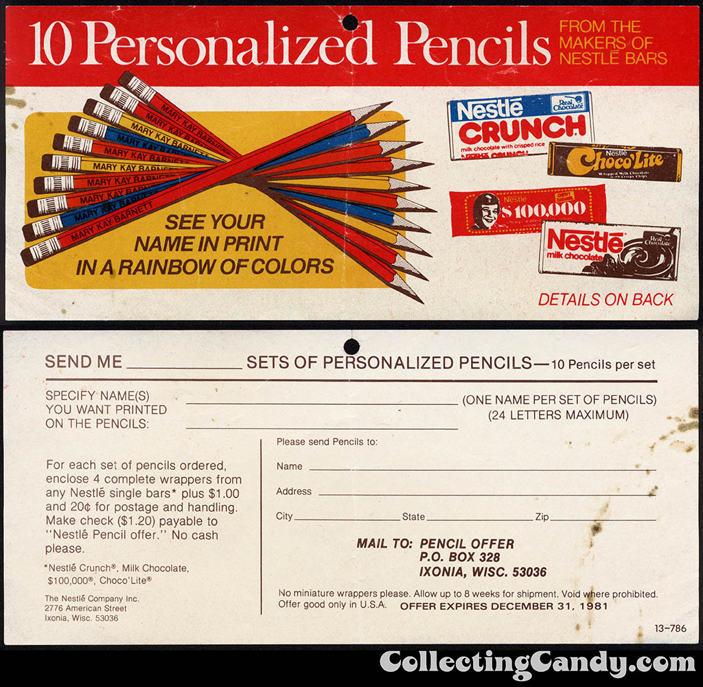 Nestle - Personalized Pencil Offer - pull-off certificate coupon - 1980-81