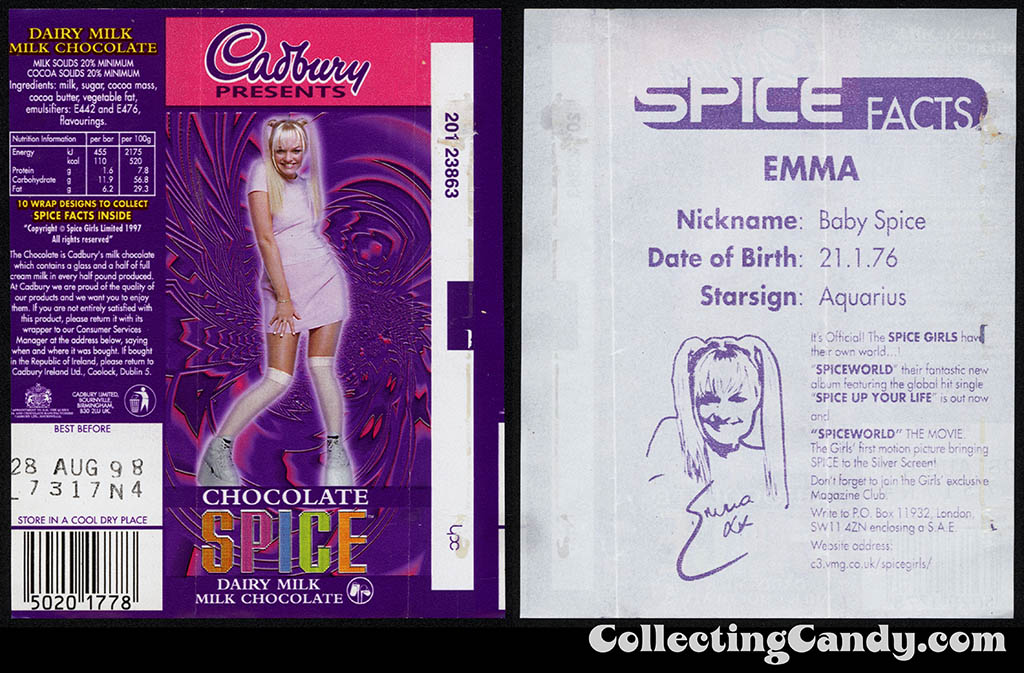UK - Cadbury - Spice Girls - Emma - Baby Spice - A - 21g chocolate bar candy wrapper - 1997