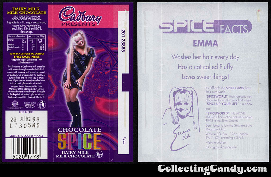 UK - Cadbury - Spice Girls - Emma - Baby Spice - B - 21g chocolate bar candy wrapper - 1997