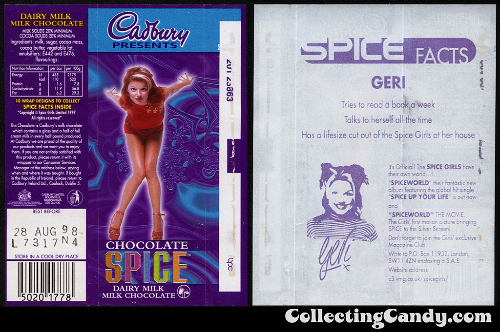 UK - Cadbury - Spice Girls - Geri - Ginger Spice - B - 21g chocolate bar candy wrapper - 1997